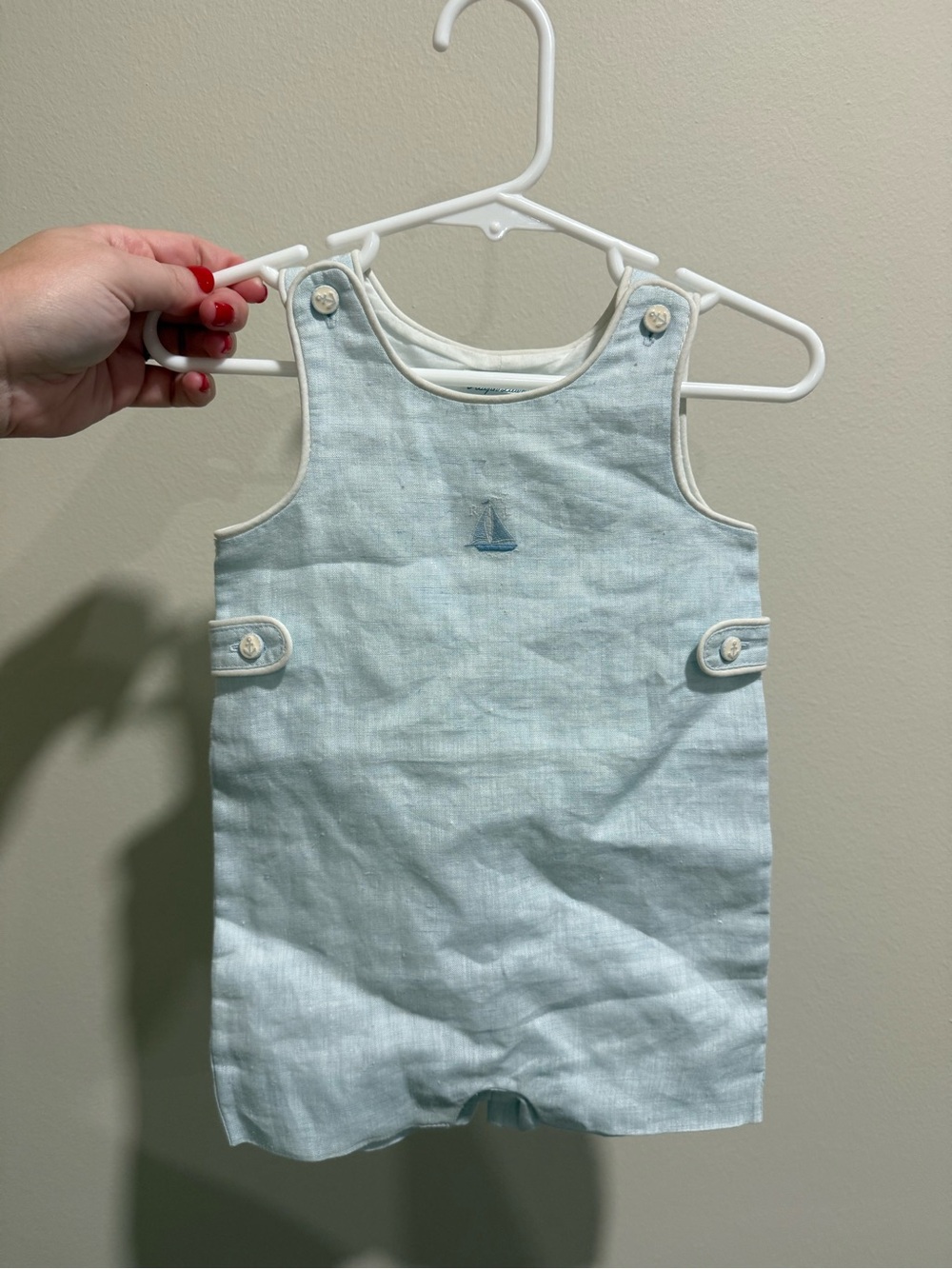 Polo Ralph Lauren Baby Boy 3M Blue Linen Sailboat Nautical Shortall Romper